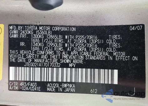 2007 Toyota Highlander from USA, damaged, VIN JTEGD21A170170332